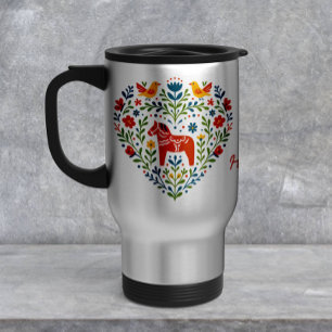 Nordic Folk Art Dala Horse Heart Pattern Mug