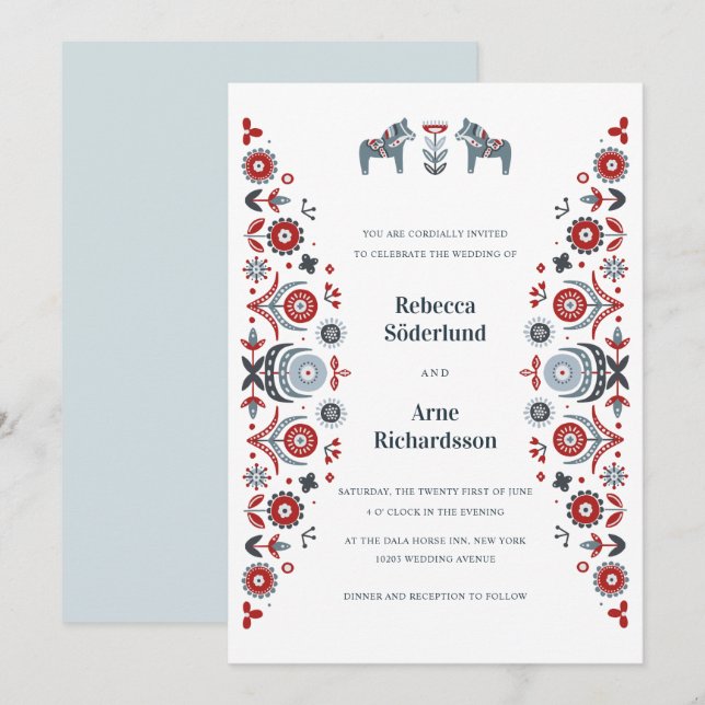 Nordic Folk Art Dala Horse Scandinavian Wedding Invitation (Front/Back)