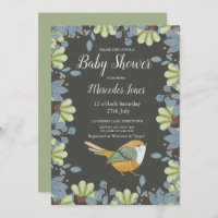 Nordic Folk Art Floral Bird Baby Shower Sage Green