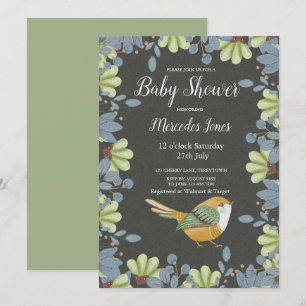 Nordic Folk Art Floral Bird Baby Shower Sage Green Invitation