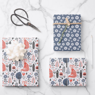 Nordic Folk Art Fox Wrapping Paper Sheet