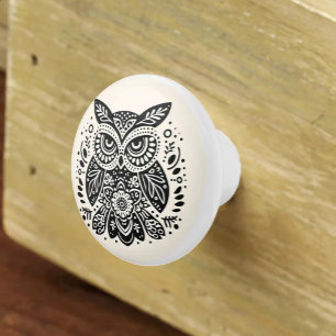 Nordic Folk Art Grumpy Owl Ivory Black Ceramic Knob