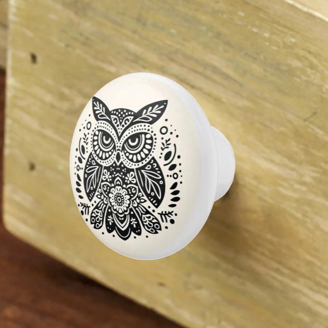Nordic Folk Art Grumpy Owl Ivory Black Ceramic Knob (Creator Uploaded)