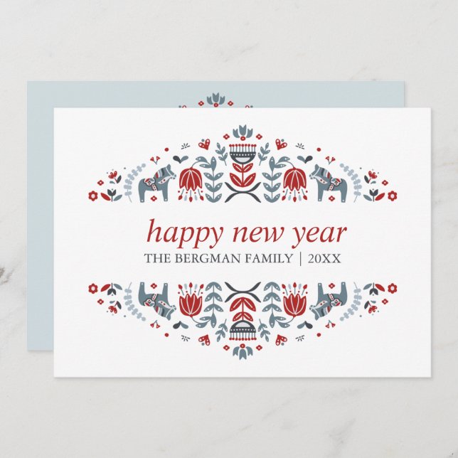 Nordic Folk Art | New Year Christmas 3 Photo Holiday Card (Front/Back)
