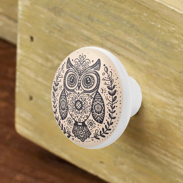 Nordic Folk Art Owl Beige Black Ceramic Knob (Creator Uploaded)