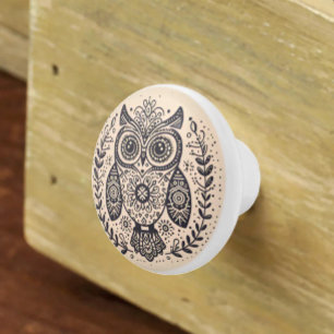 Nordic Folk Art Owl Beige Black Ceramic Knob