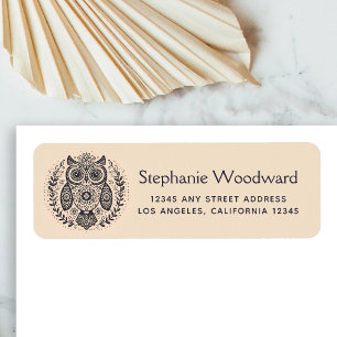 Nordic Folk Art Owl Black Beige Return Address