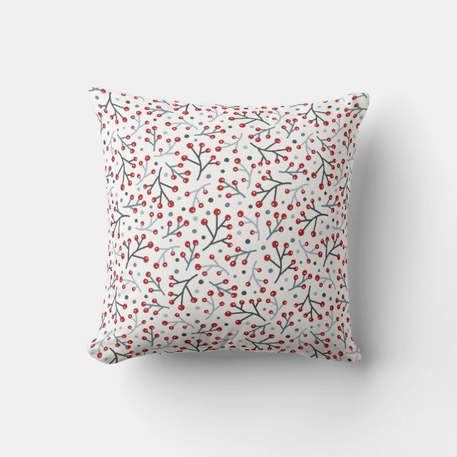 Nordic Folk Art Red Blue Berries and Branches Cushion (Front)
