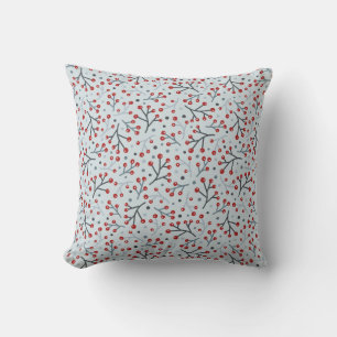 Nordic Folk Art Red Blue Berries and Branches Cushion