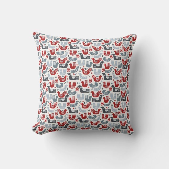 Nordic Folk Art Red Blue Birds And Flowers Cushion (Front)