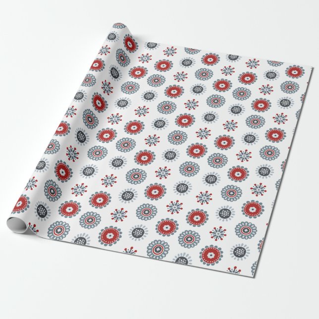 Nordic Folk Art Red Blue Circles and Flowers Wrapping Paper (Unrolled)