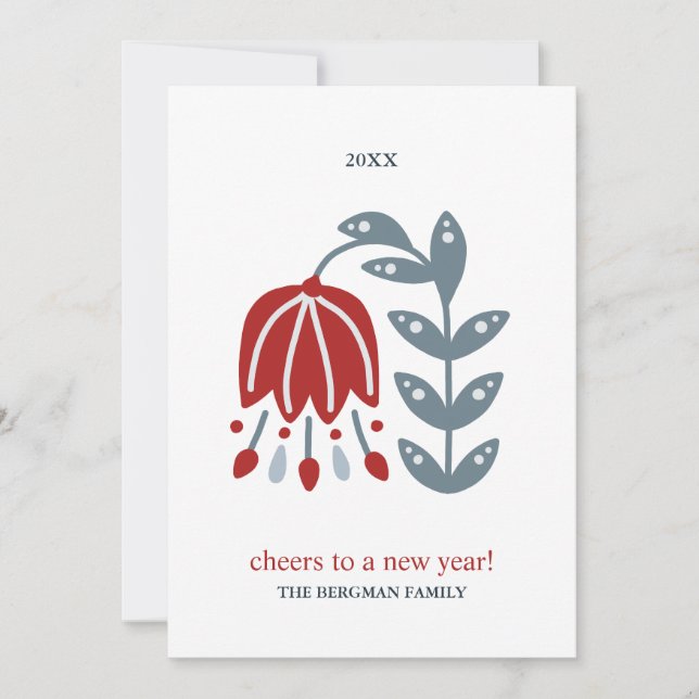 Nordic Folk Art Red Flower Two Photos Christmas Holiday Card (Front)