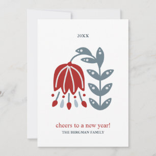 Nordic Folk Art Red Flower Two Photos Christmas Holiday Card