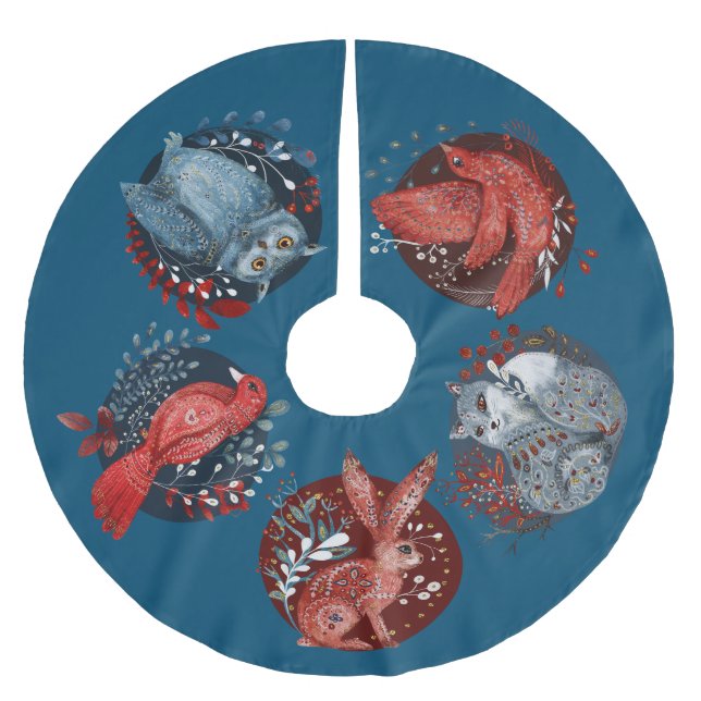 Nordic Folk Art, Woodland Animals,  Brushed Polyester Tree Skirt (Front)