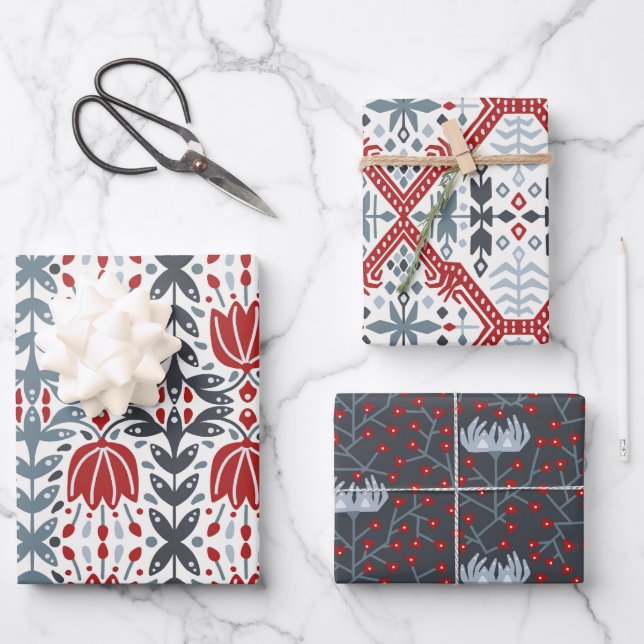 Nordic Folk Branches and Flowers red blue Wrapping Paper Sheet (Front)
