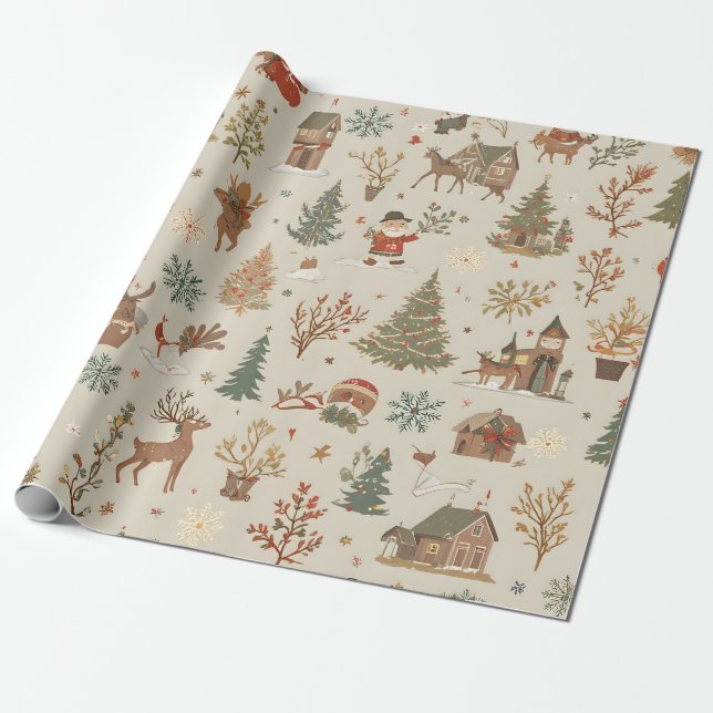 Nordic Folk Christmas Village Seamless Pattern Wrapping Paper (Unrolled)