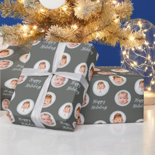 Nordic Folk Floral Grey 3 Photo Custom Holiday Wrapping Paper