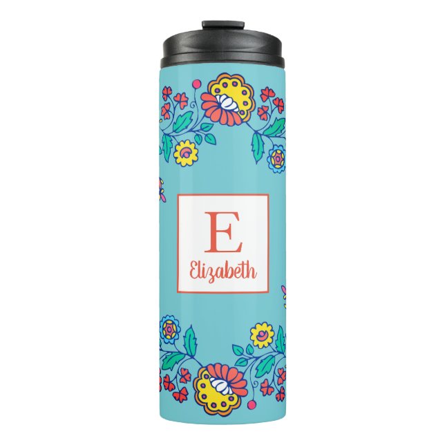 Nordic Folk Flowers | Personalised Thermal Tumbler (Front)
