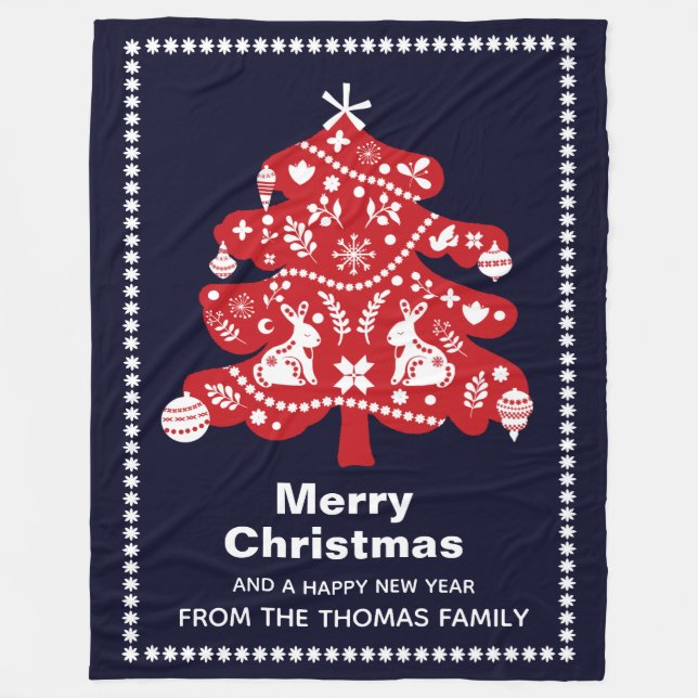 Nordic Folk Navy Red Christmas Tree Bunnies  Fleece Blanket (Front)
