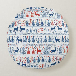 Nordic Folk Pattern Christmas Winter Wonderland Round Cushion
