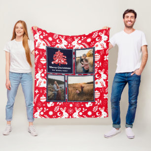 Nordic Folk Pattern Festive Christmas Tree Photo  Fleece Blanket