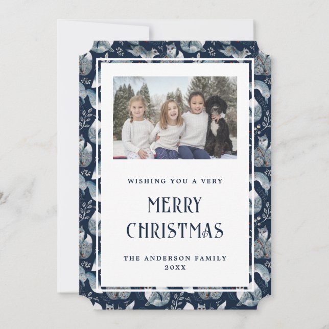 Nordic Fox Blue Photo Merry Christmas Card (Front)
