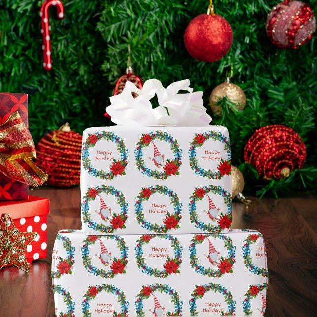Nordic Gnome Skier Christmas Wreath Happy Holidays Wrapping Paper (Nordic Gnome Skier Christmas Wreath Happy Holidays Wrapping Paper)