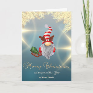 Nordic Gnome Sleigh Gold Pine Tree Branches Holiday Card