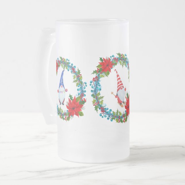 Nordic Gnomes and Skier Within Christmas Wreaths Frosted Glass Beer Mug (Front Left)