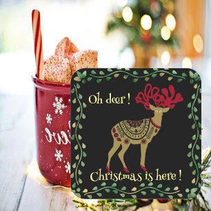Nordic Gold Reindeer Green Frame Christmas Quote  Square Sticker