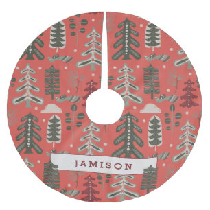 Nordic Green and White Tree Pattern on Red Brushed Polyester Tree Skirt