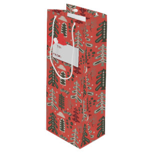 Nordic Green and White Tree Pattern on Red Wine Gift Bag
