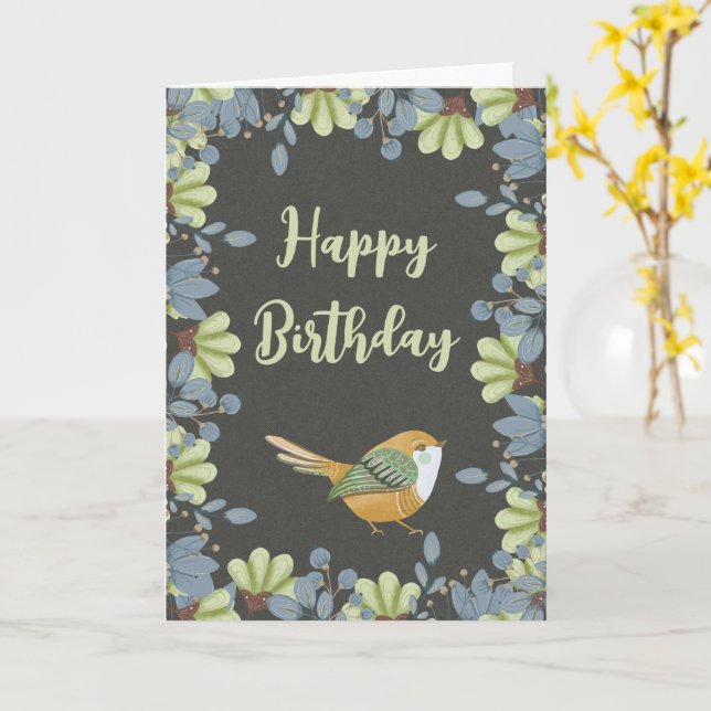 Nordic Green Bird Floral Watercolor Birthday Card (Yellow Flower)
