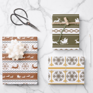 Nordic Green, Red, and Grey Snowflakes and Deers  Wrapping Paper Sheet