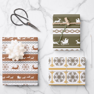 Nordic Green, Red, and Grey Snowflakes and Deers  Wrapping Paper Sheet