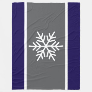 Nordic Grey Navy Blue Stripes White Snowflake Fleece Blanket