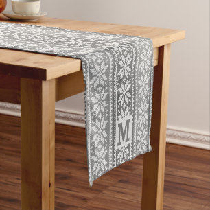 Nordic Grey Snowflake Faux Knit Sweater Monogram Short Table Runner