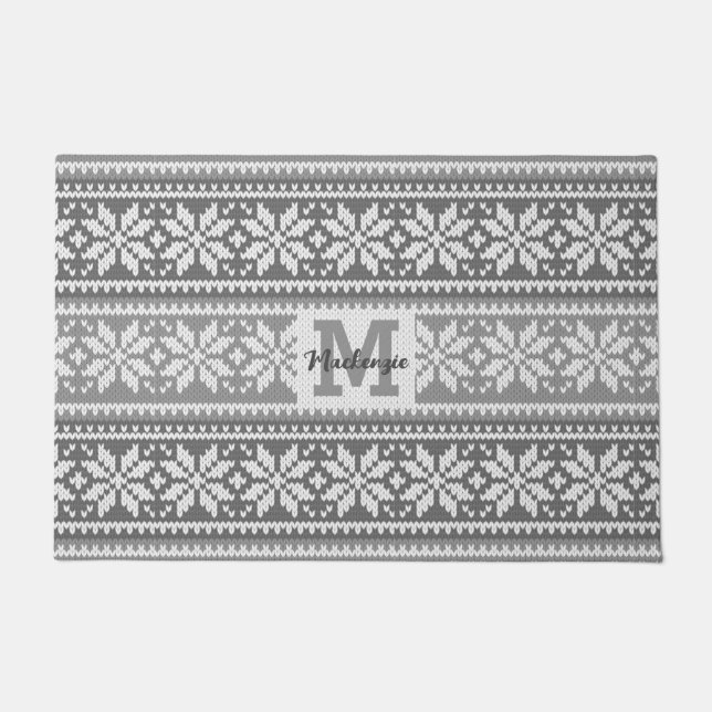 Nordic Grey Snowflake Sweater Pattern Personalised Doormat (Front)