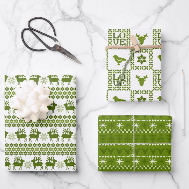 Nordic Holiday Patterns Green & White Wrapping Paper Sheet (Front)
