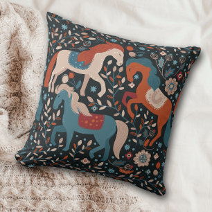 Nordic Horse Pattern on Blue Cushion
