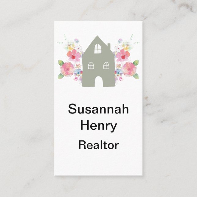 Nordic House Floral Simple Realtor Housesitting Business Card (Front)
