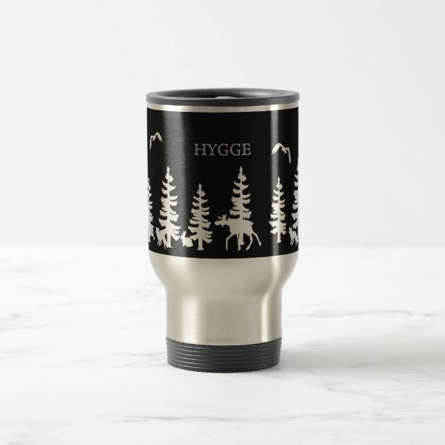 Nordic Hygge with forest silhouettes black white Travel Mug (Center)