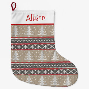 Nordic Knit Christmas Pattern Tan and Red Large Large Christmas Stocking