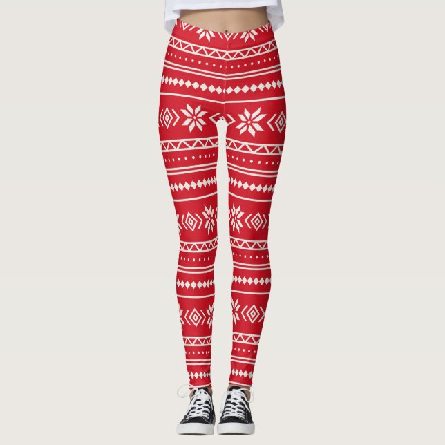 Nordic Knit Fair Isle Sweater Winter Snowflake Red Leggings (Front)