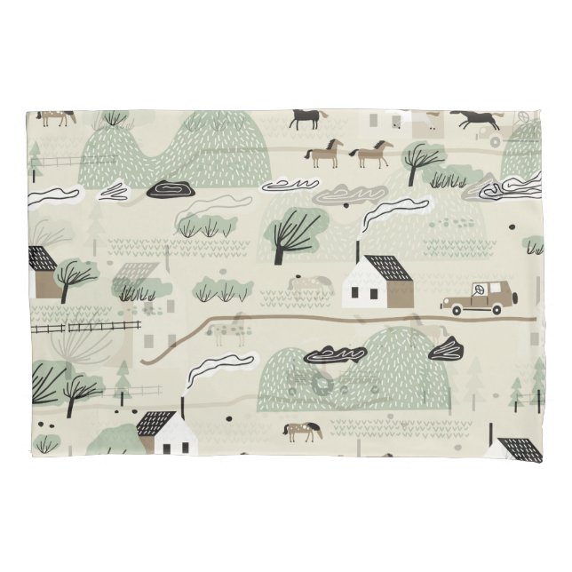 Nordic Landscape: Colourful Houses Trees Pattern Pillowcase (Front)