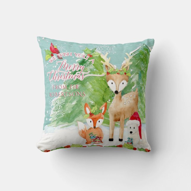 Nordic Merry Christmas Forest Fox Deer Bear Bird Cushion (Front)