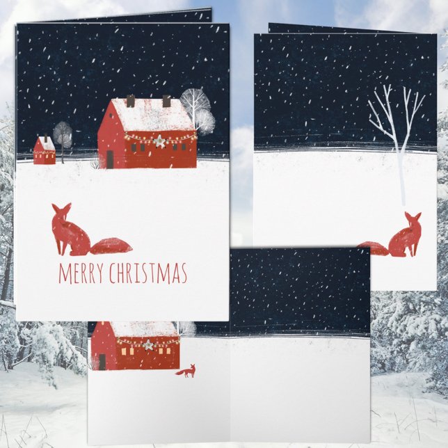 Nordic Merry Christmas Night Red Barn & Red Fox Holiday Card (Nordic Merry Christmas Night Red Barn & Red Fox Holiday Christmas Wraparound Graphics Folded Card)