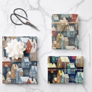 Nordic Modern Winter Town Cosy Houses Pattern Blue Wrapping Paper Sheet