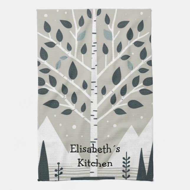Nordic Mountains and Birch tree Tea Towel (Vertical)