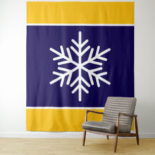 Nordic Navy Blue Yellow Stripes White Snowflake Tapestry